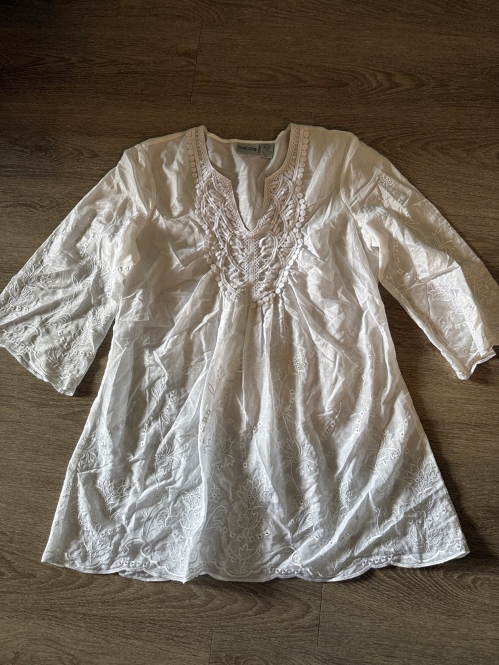 Chico's White Embroidered V-Neck Tunic